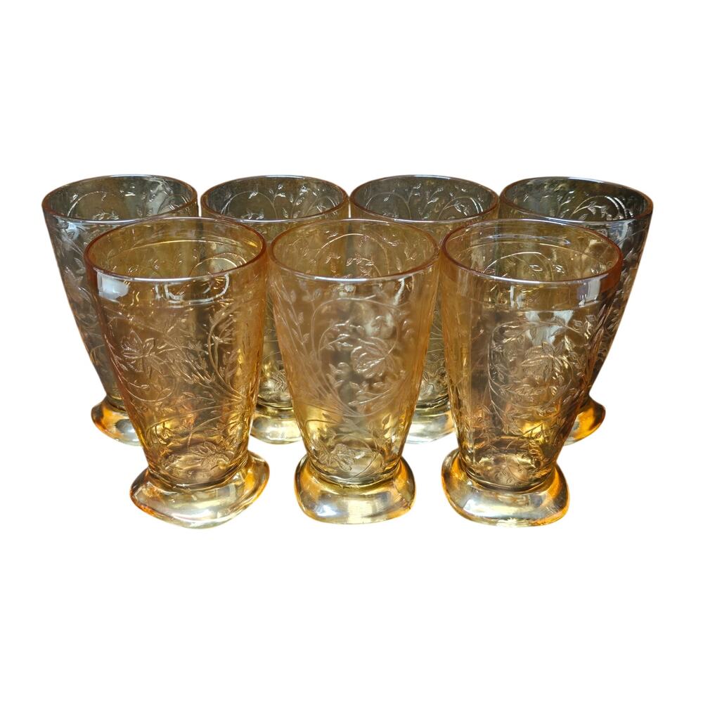 Iridescent Amber Marigold Carnival Glass Luster Floral Tumblers Vintage